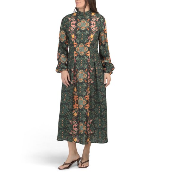 CELINA MOON Dark Green Long Sleeve Mock Neck Maxi Dress